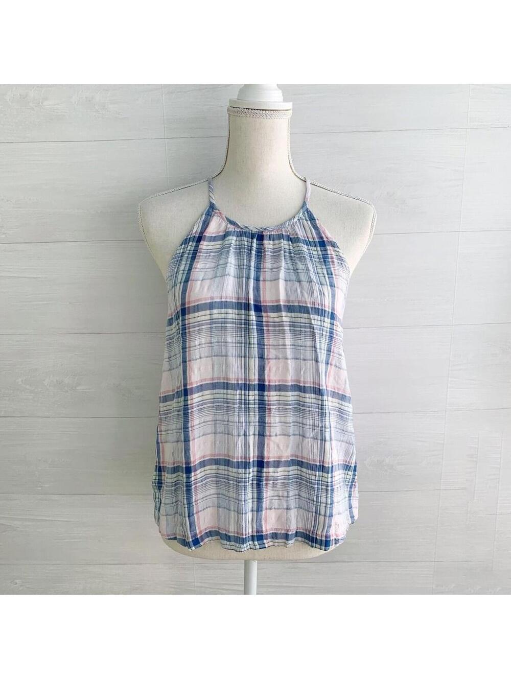 Cloth & Stone Anthropologie Blue Plaid Button Back Tank Top Large
